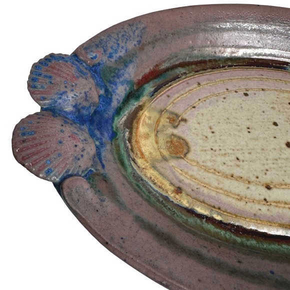 Handmade‎ Pottery Serving Tray Platter Dish Signed Art Decor Seashell Accent - Picture 3 of 5